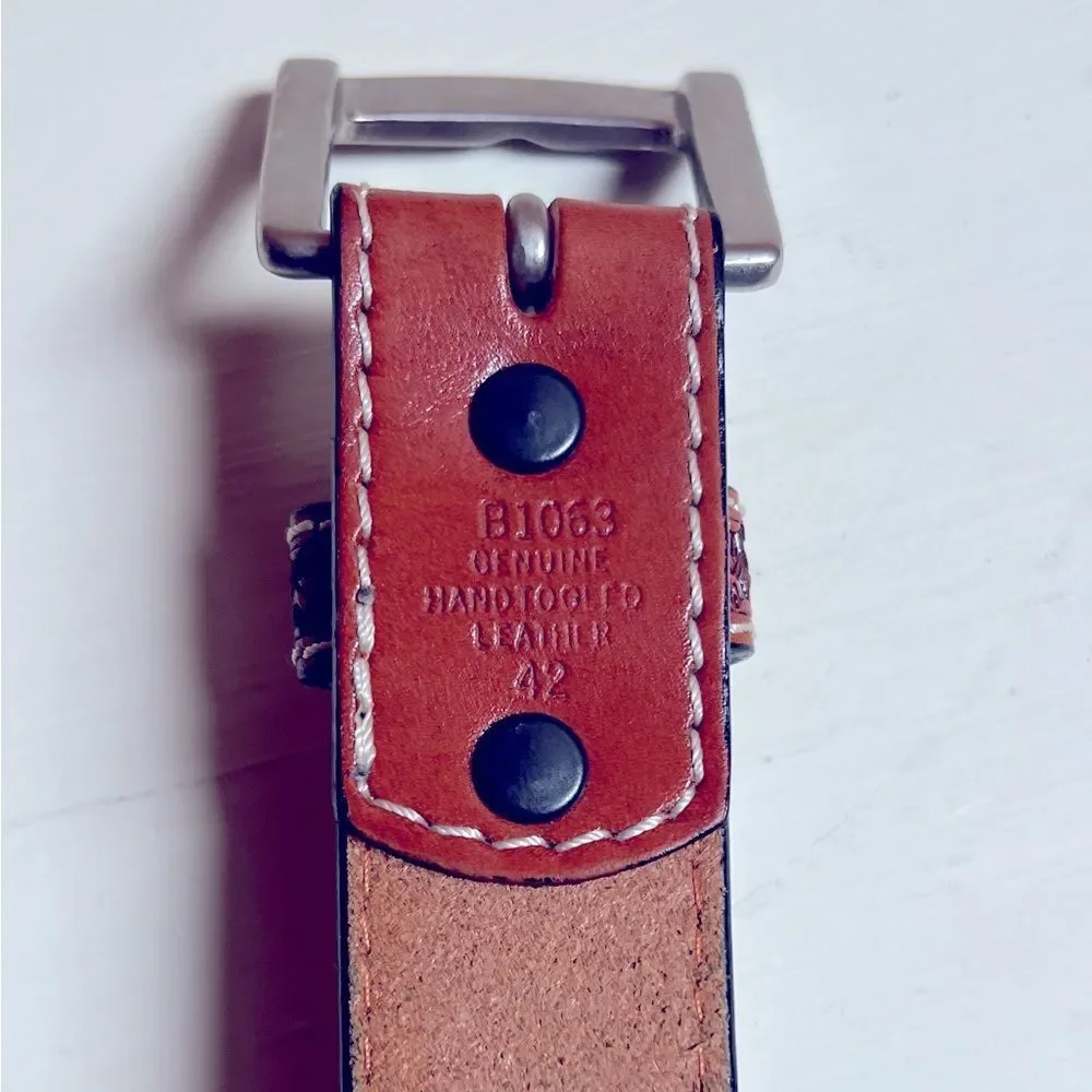 Men’s Leather & Suede Size 42 Handtooled Belt Silver Buck Medallion Accents